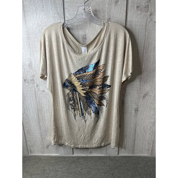 Liberty Wear Womens Large Beige Tribal Tee Metallic & Rhinestone Feathers Boho - Picture 1 of 8